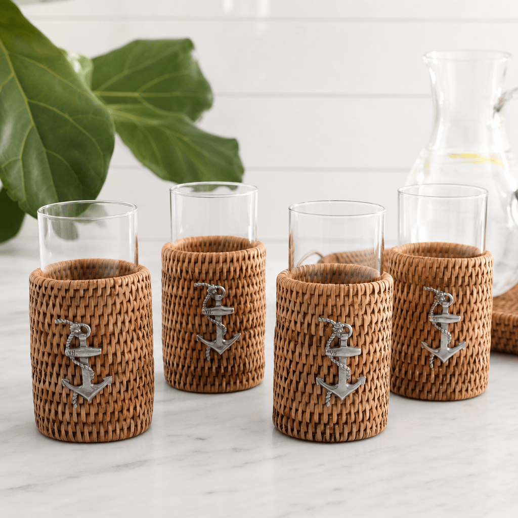 Anchor Drinking Glass Covered with Hand Woven Wicker Rattan - Set of 4 10
