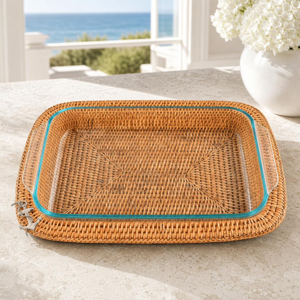 Anchor Hand Woven Wicker Rattan 3qt Rectangular Casserole Holder 3