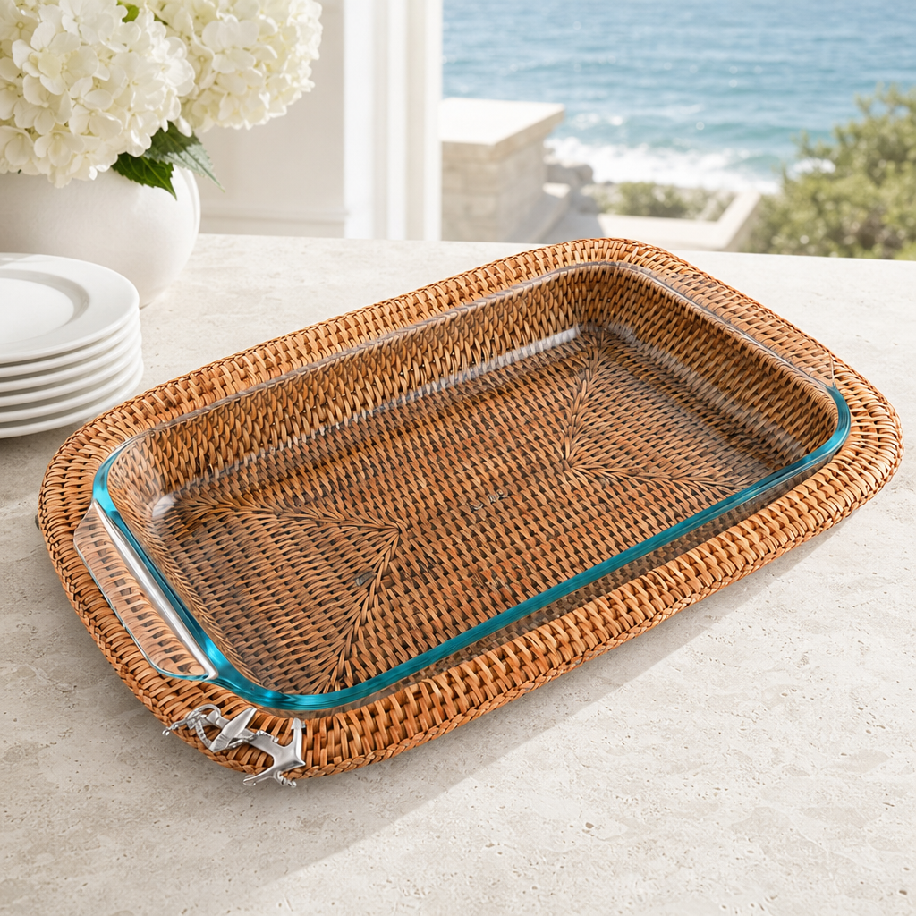 Anchor Hand Woven Wicker Rattan 3qt Rectangular Casserole Holder 4