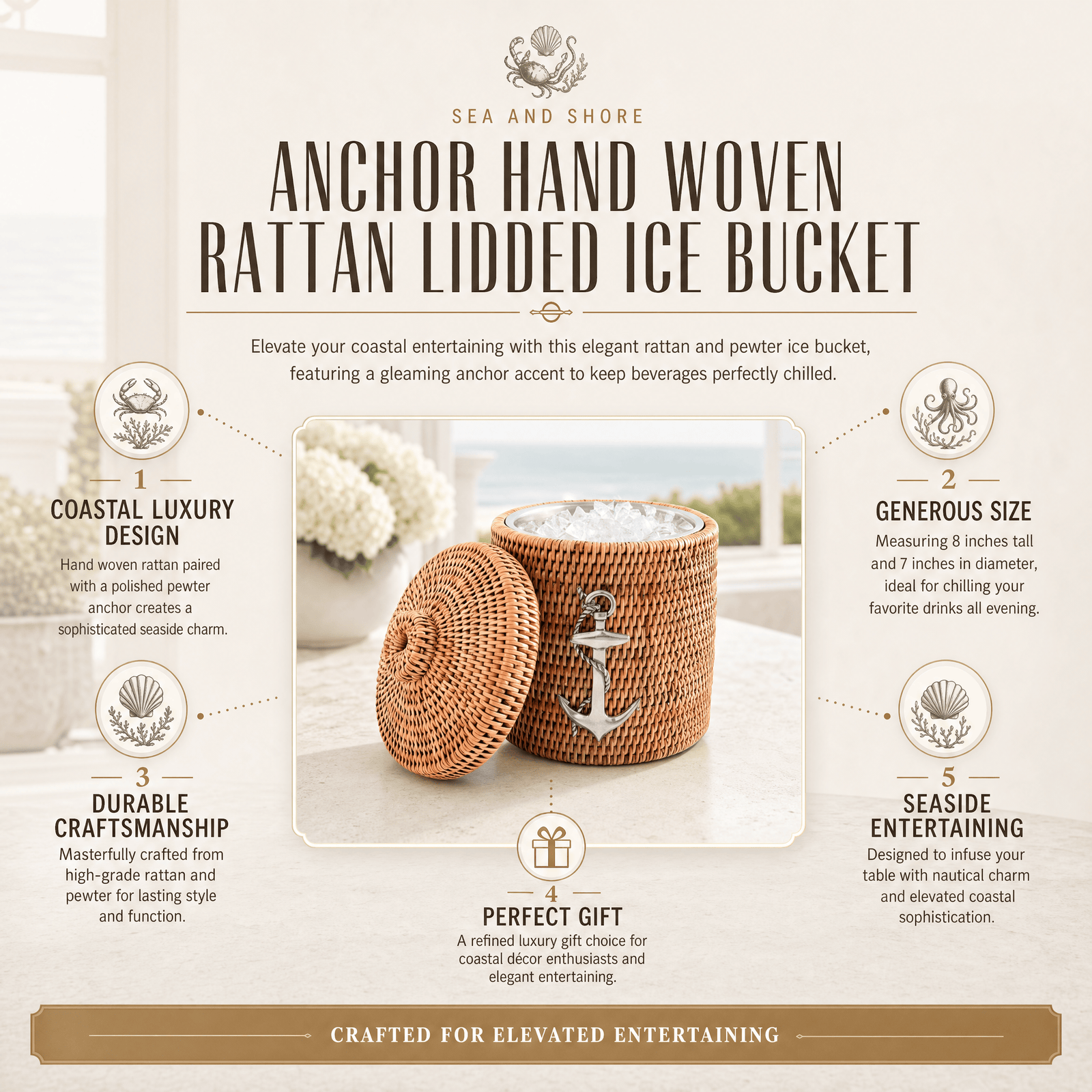 Anchor Hand Woven Wicker Rattan Lidded Ice Bucket 11