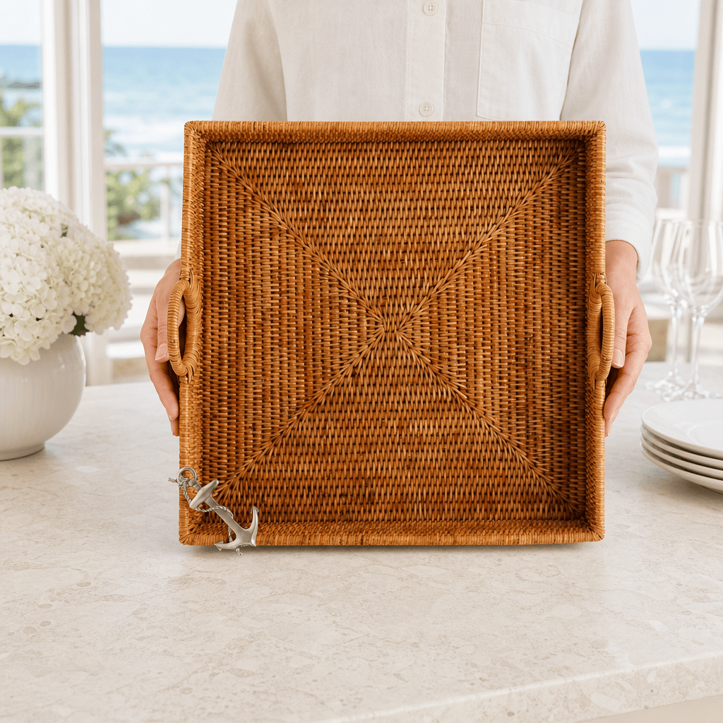 Anchor Hand Woven Wicker Rattan Large Square Tray 3
