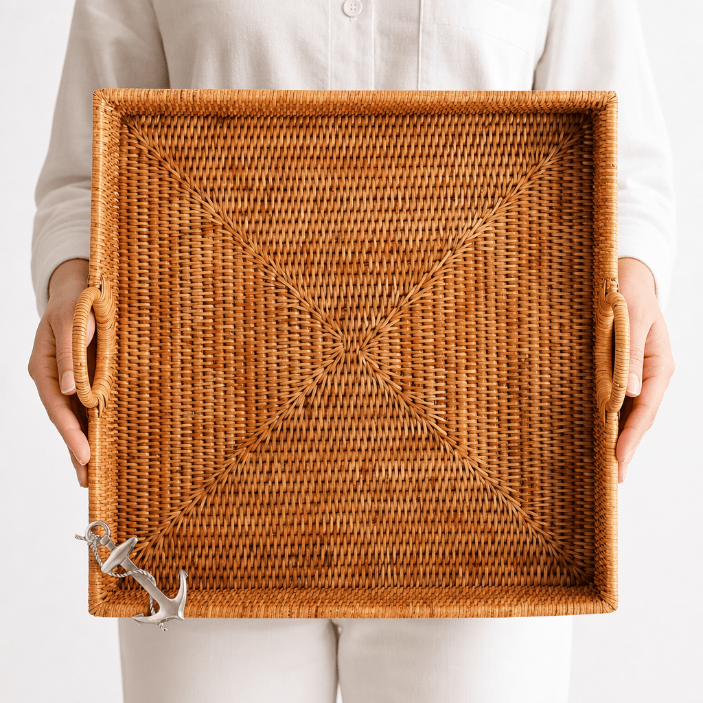 Anchor Hand Woven Wicker Rattan Large Square Tray 10