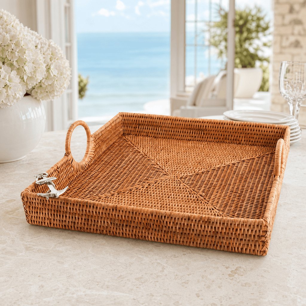 Anchor Hand Woven Wicker Rattan Large Square Tray 4