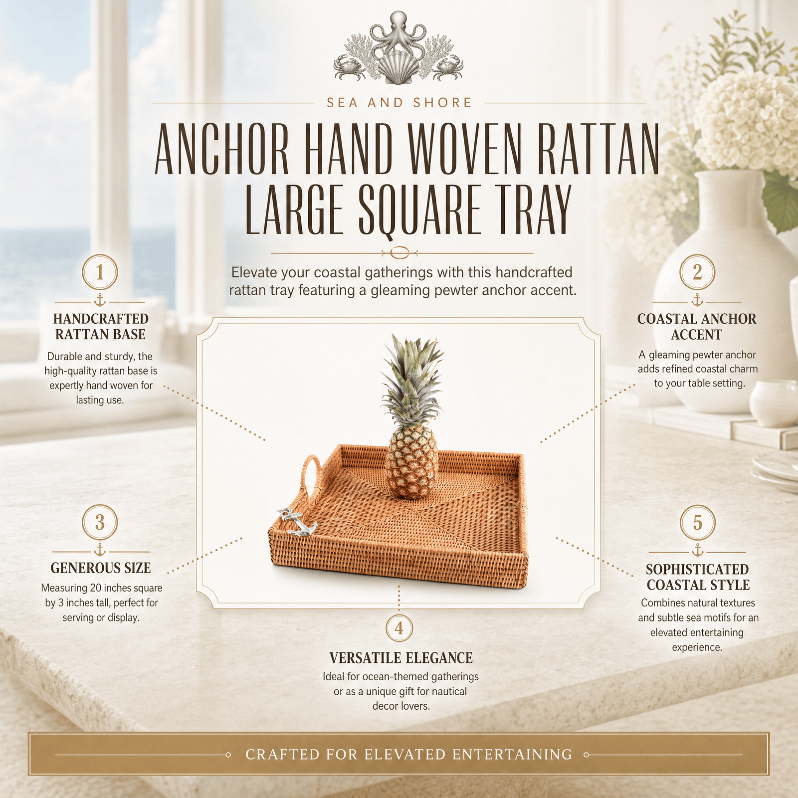 Anchor Hand Woven Wicker Rattan Large Square Tray 11