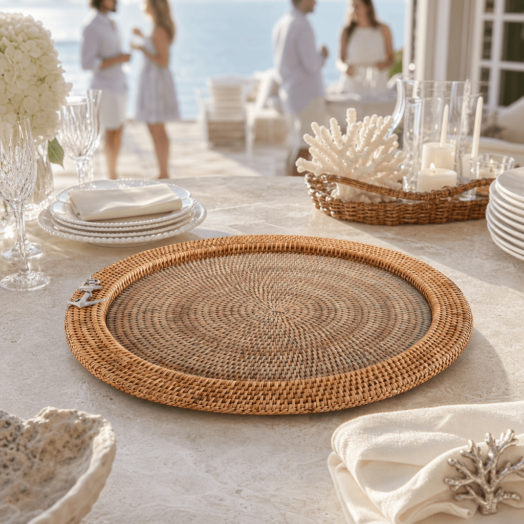 Anchor Round Serving Tray Hand Woven Wicker Rattan - Glass Insert 6