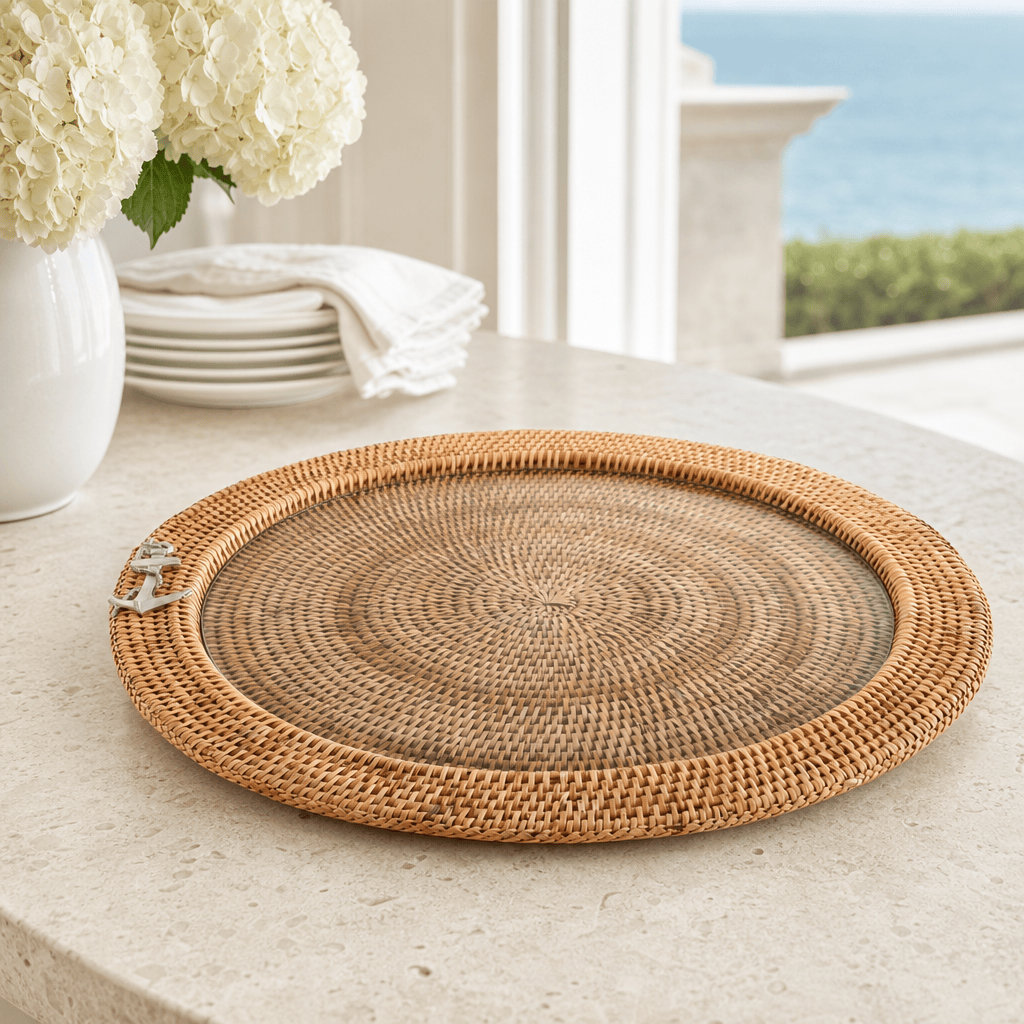 Anchor Round Serving Tray Hand Woven Wicker Rattan - Glass Insert 2