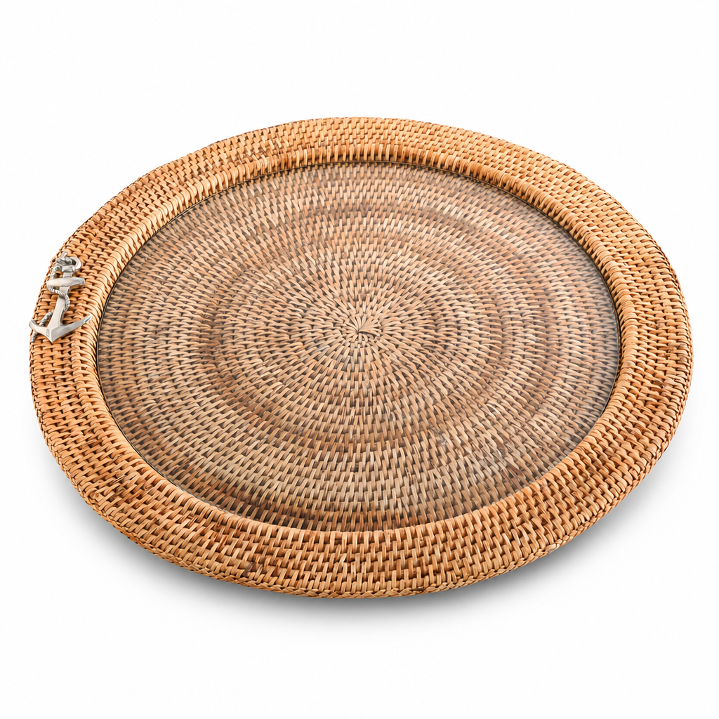 Anchor Round Serving Tray Hand Woven Wicker Rattan - Glass Insert 1