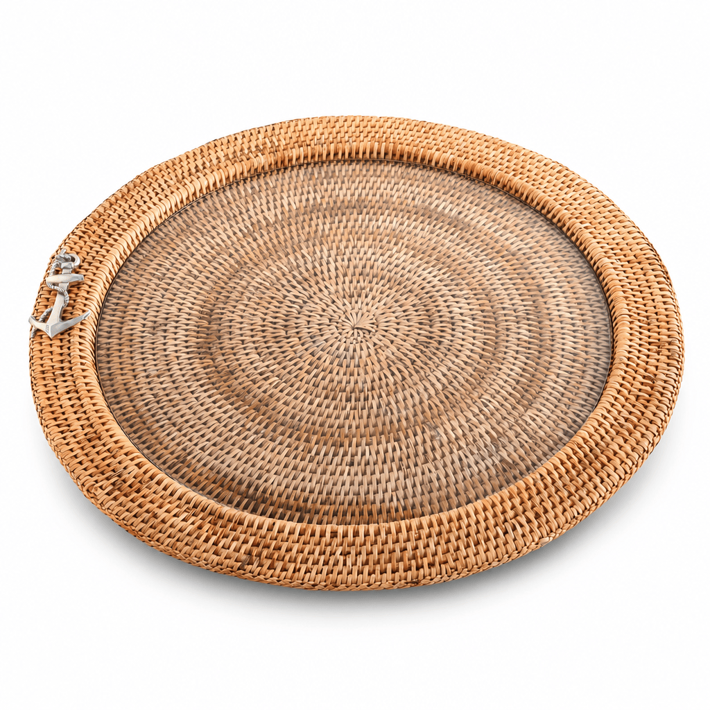 Anchor Round Serving Tray Hand Woven Wicker Rattan - Glass Insert 1