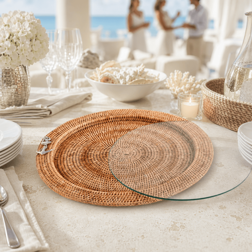 Anchor Round Serving Tray Hand Woven Wicker Rattan - Glass Insert 7