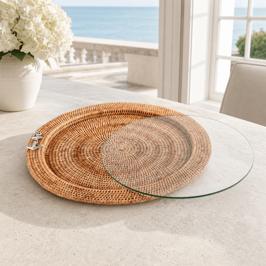 Anchor Round Serving Tray Hand Woven Wicker Rattan - Glass Insert 3