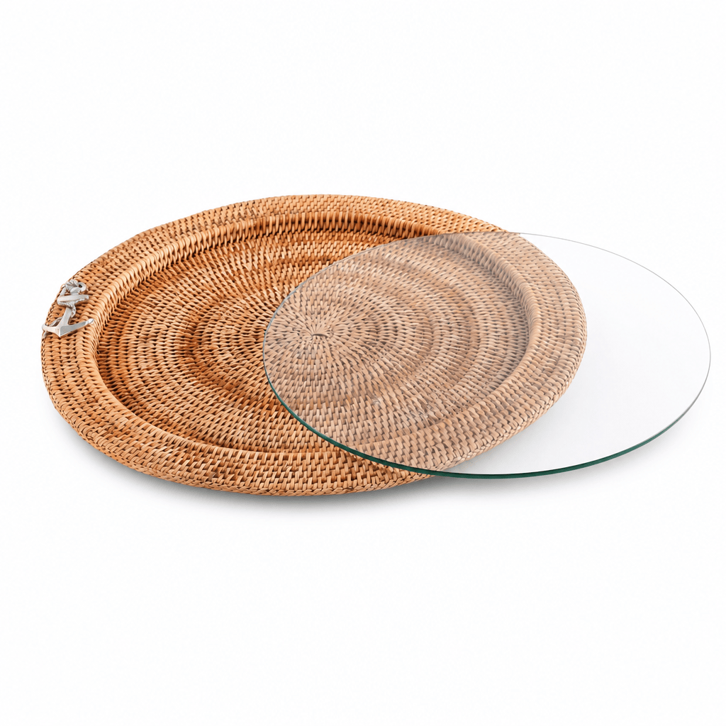 Anchor Round Serving Tray Hand Woven Wicker Rattan - Glass Insert 10