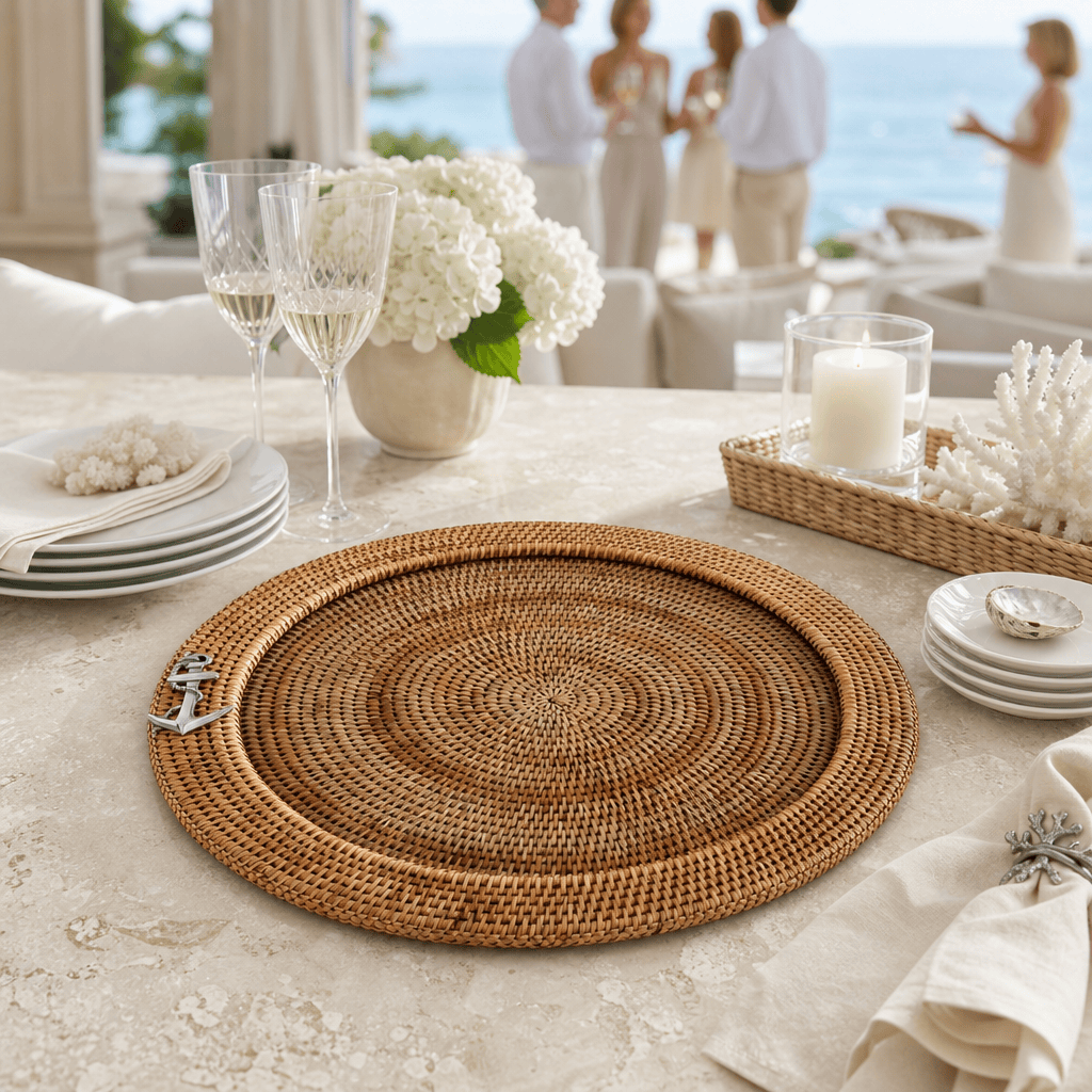 Anchor Round Serving Tray Hand Woven Wicker Rattan - Glass Insert 8