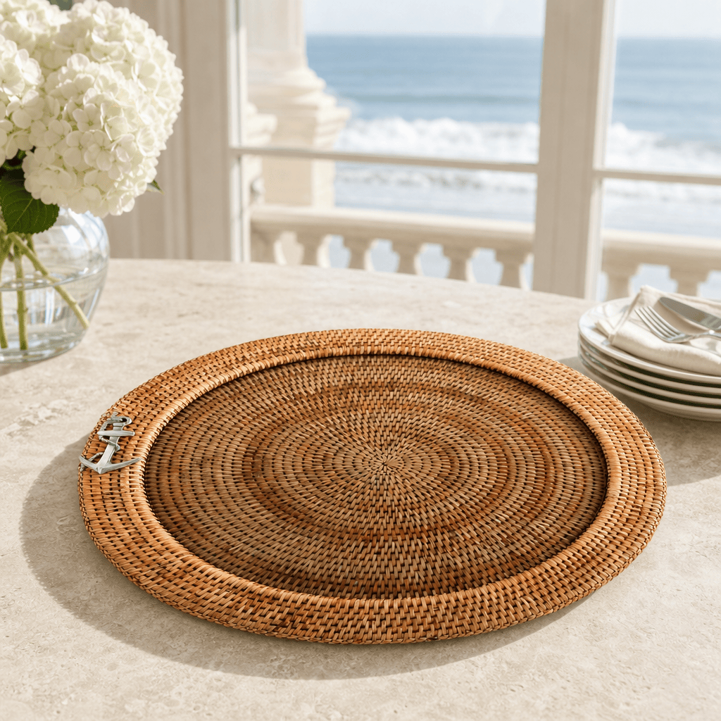 Anchor Round Serving Tray Hand Woven Wicker Rattan - Glass Insert 4