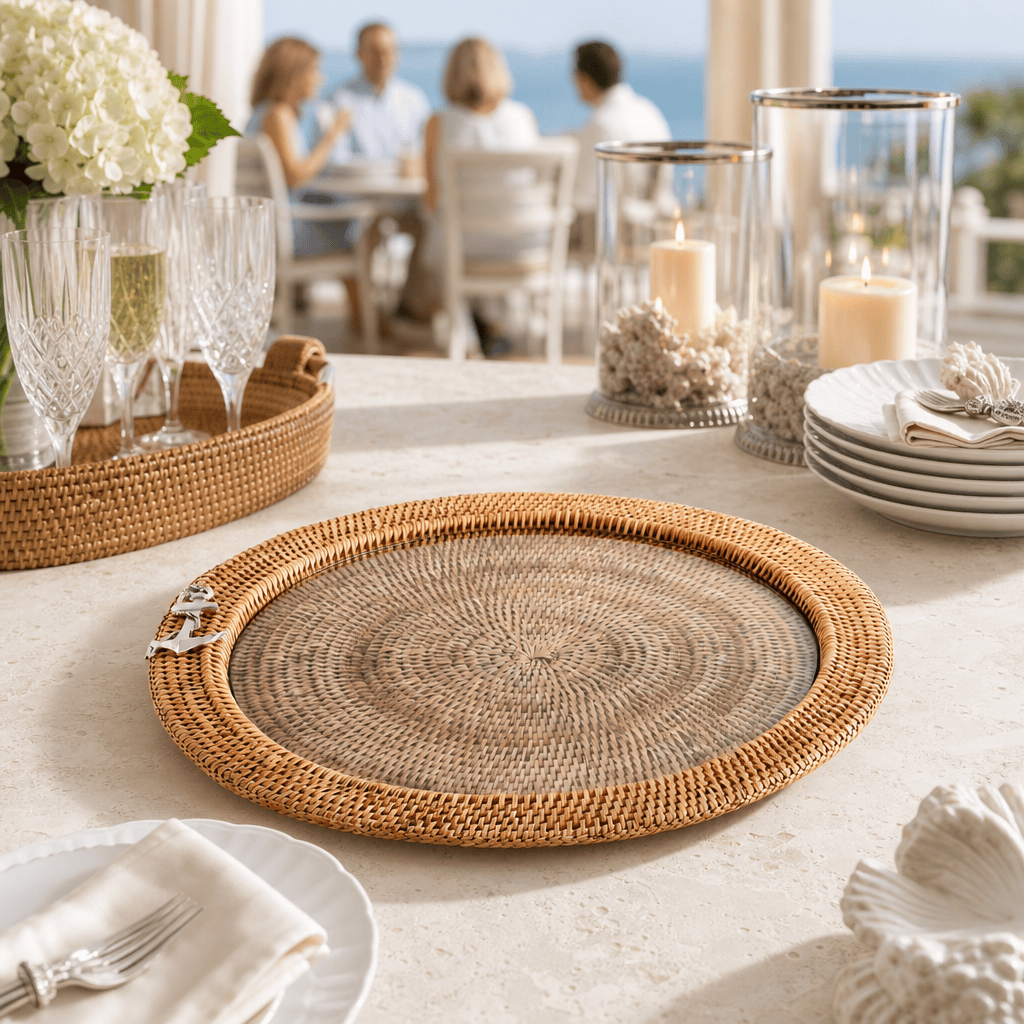 Anchor Round Serving Tray Hand Woven Wicker Rattan - Glass Insert 9