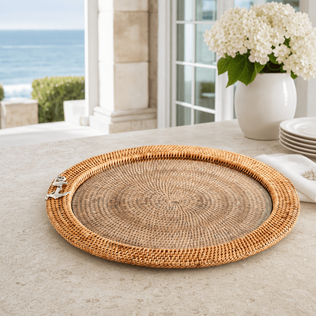 Anchor Round Serving Tray Hand Woven Wicker Rattan - Glass Insert 5
