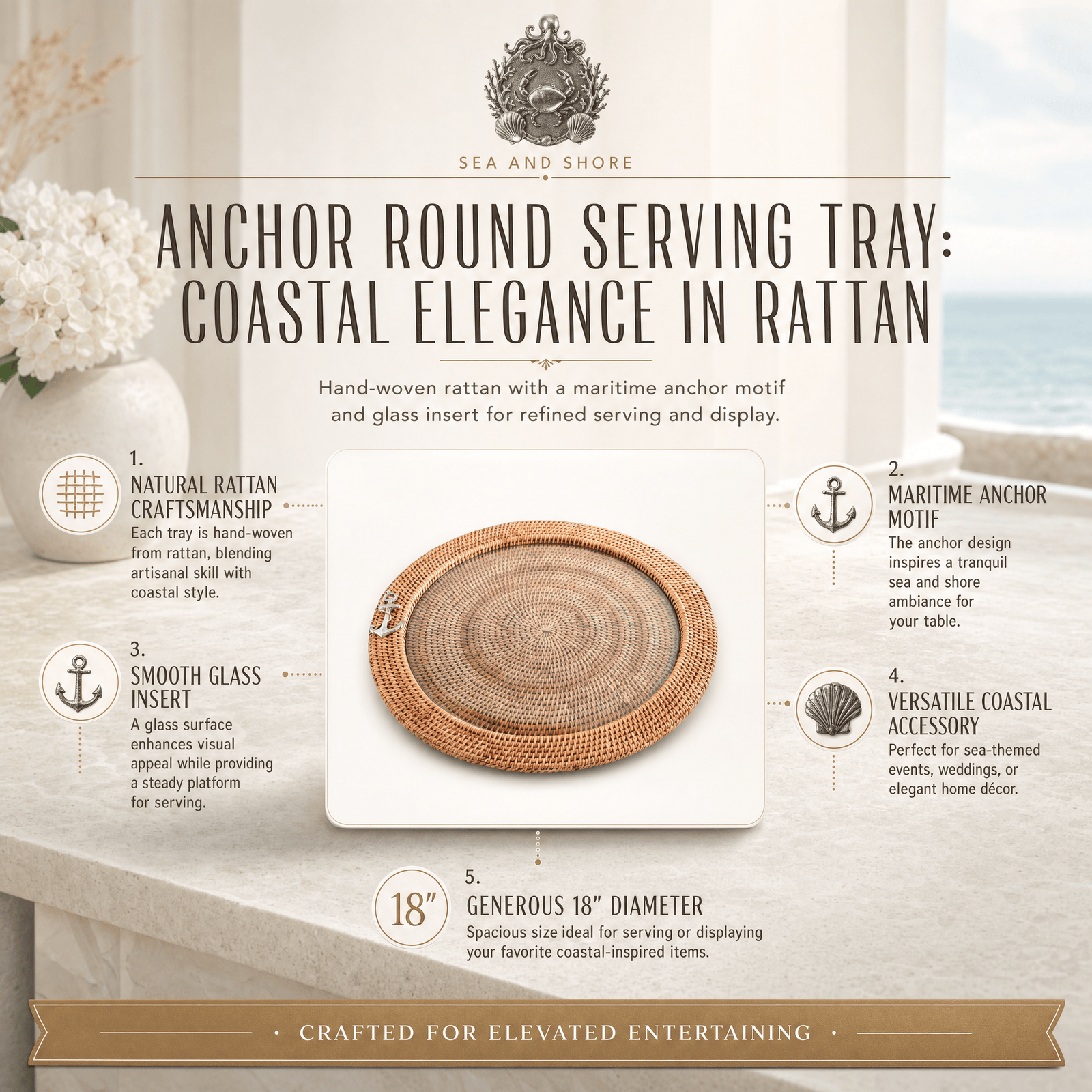 Anchor Round Serving Tray Hand Woven Wicker Rattan - Glass Insert 11