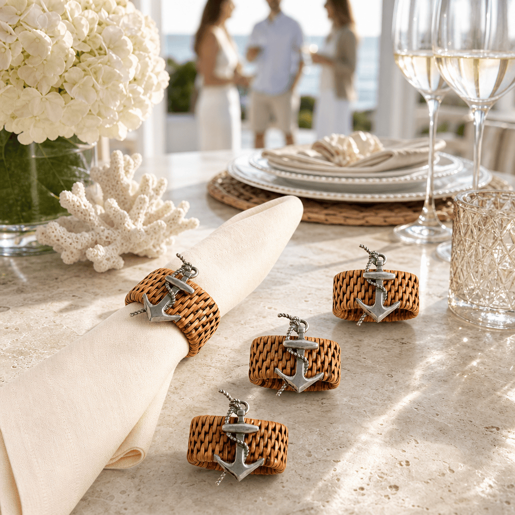 Anchor Hand Woven Wicker Rattan Napkin Ring - Set of 4 6
