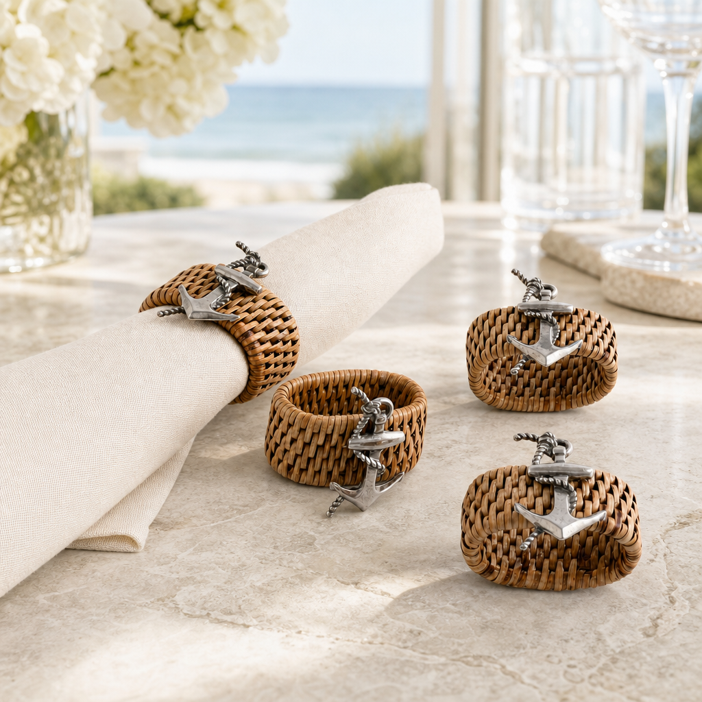 Anchor Hand Woven Wicker Rattan Napkin Ring - Set of 4 3