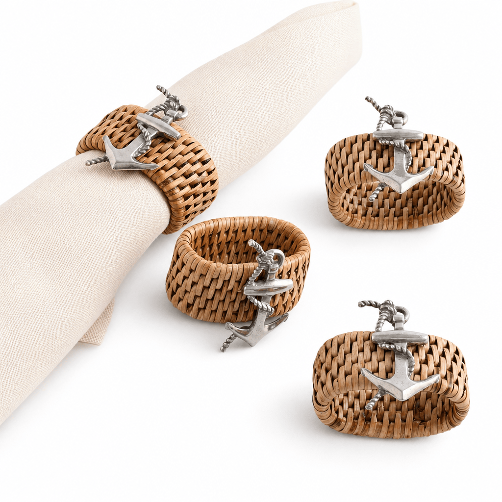 Anchor Hand Woven Wicker Rattan Napkin Ring - Set of 4 10