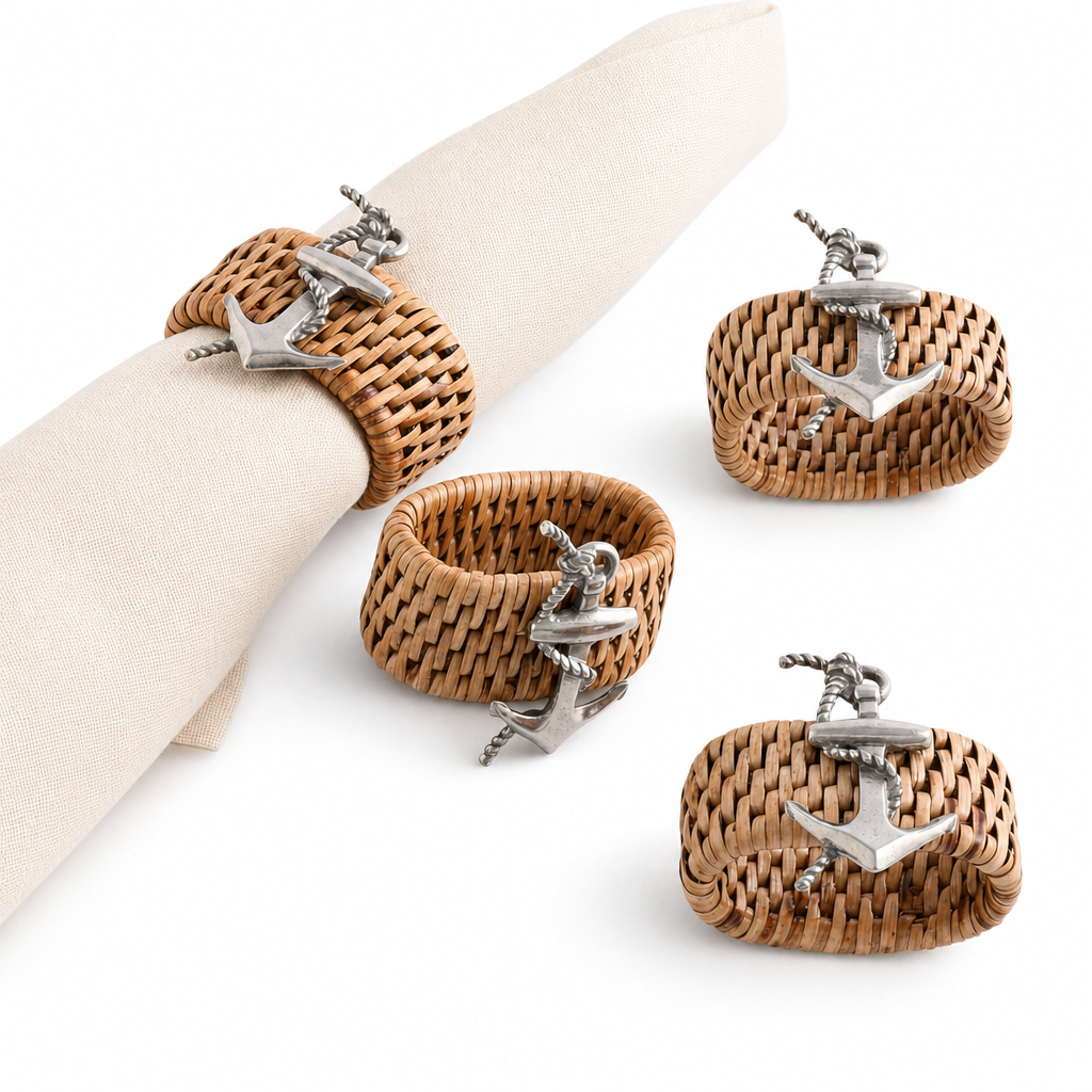 Anchor Hand Woven Wicker Rattan Napkin Ring - Set of 4 10
