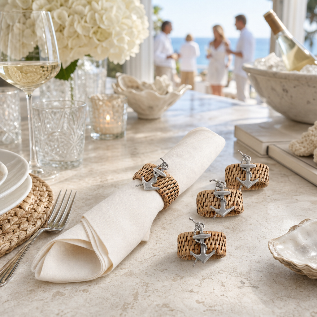 Anchor Hand Woven Wicker Rattan Napkin Ring - Set of 4 9