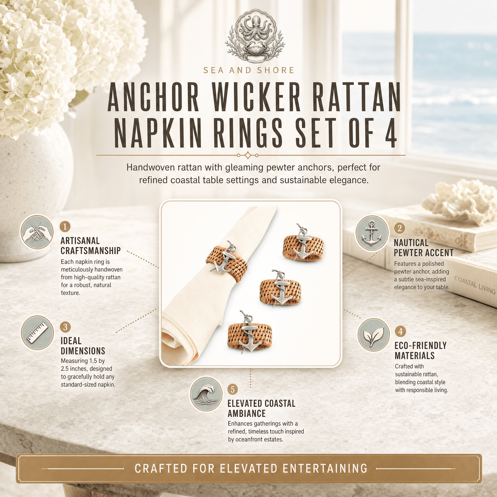 Anchor Hand Woven Wicker Rattan Napkin Ring - Set of 4 11