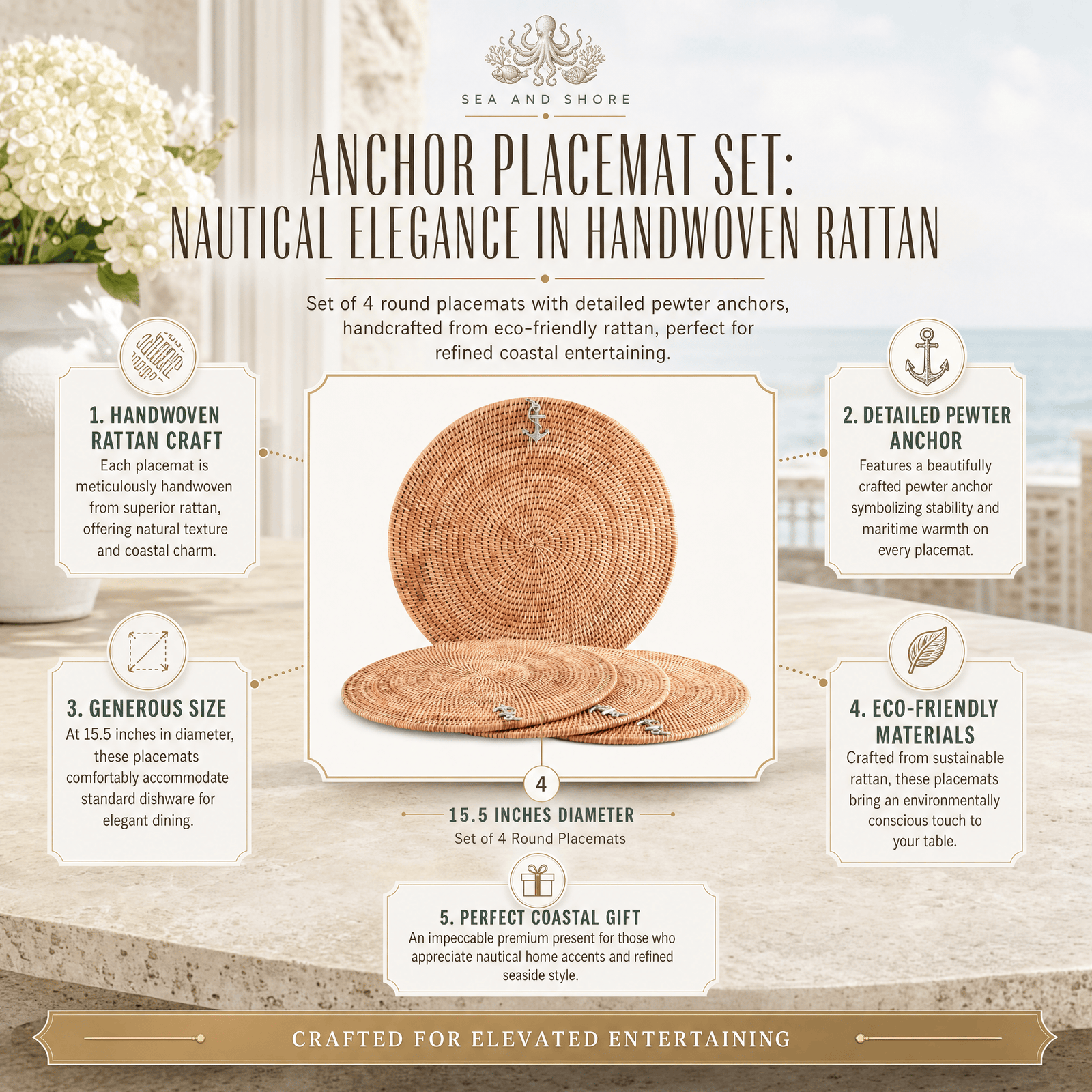Anchor Placemat Hand Woven Wicker Rattan Round - Set of 4 8