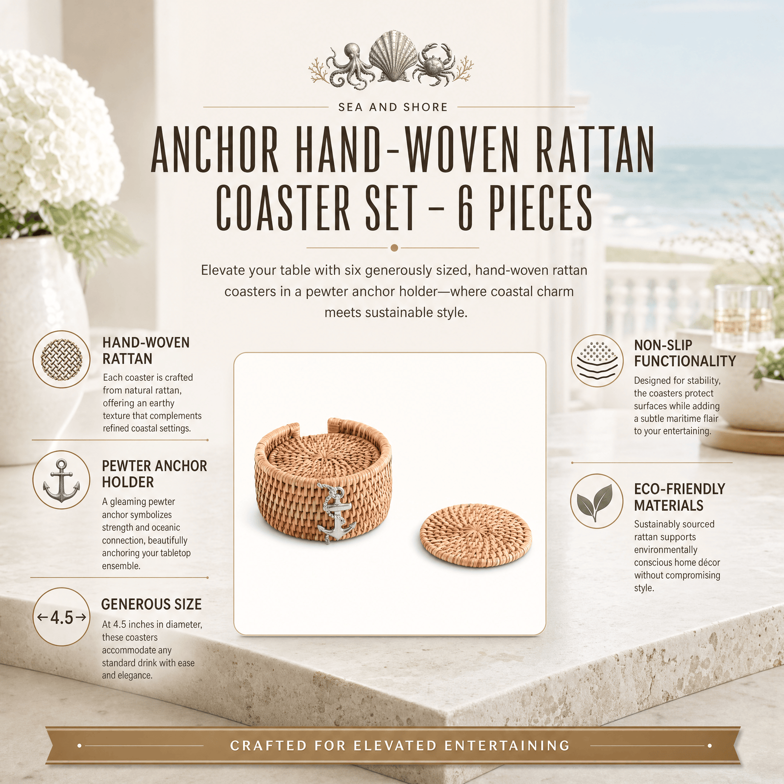 Anchor Hand Woven Wicker Rattan Coaster Set - 6 Coasters 11