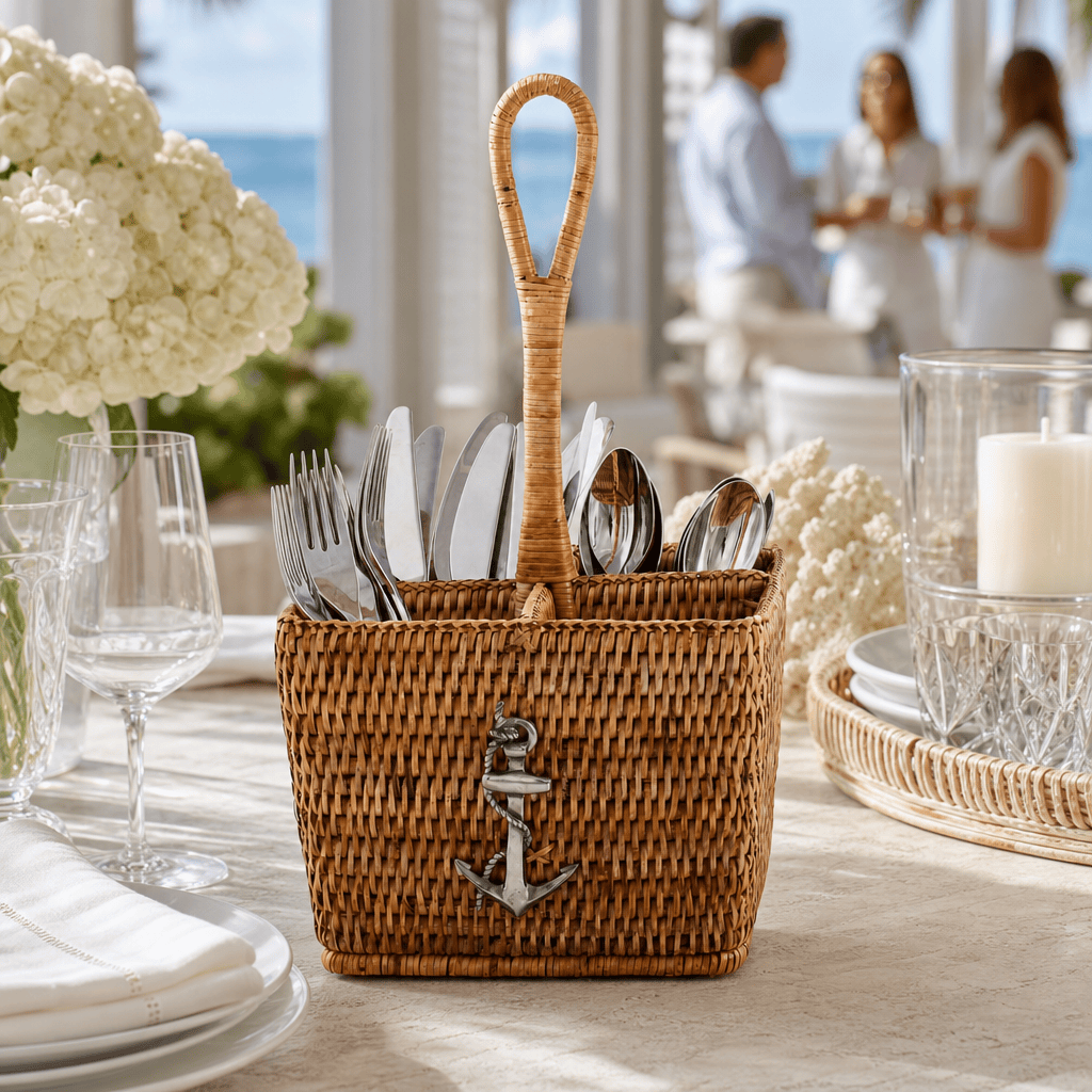 Anchor Hand Woven Wicker Rattan Flatware Caddy 6