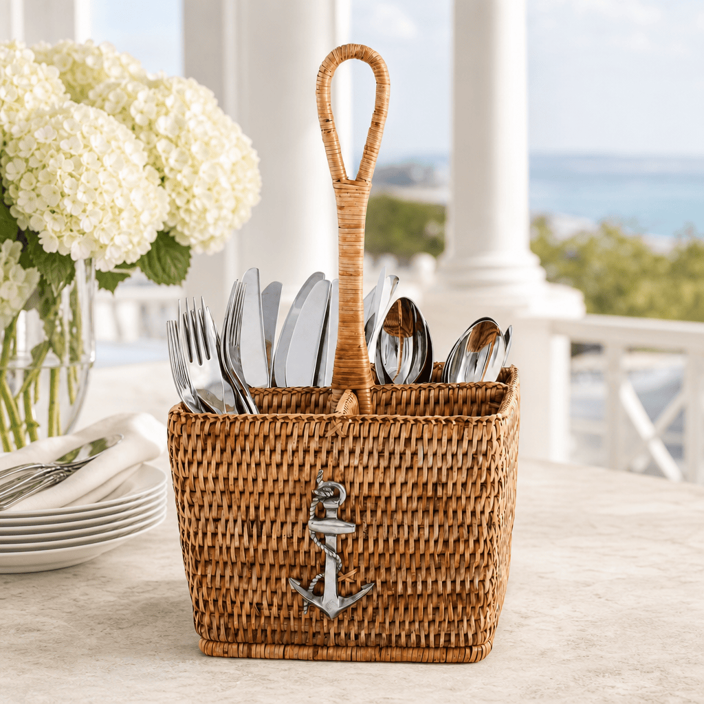 Anchor Hand Woven Wicker Rattan Flatware Caddy 2