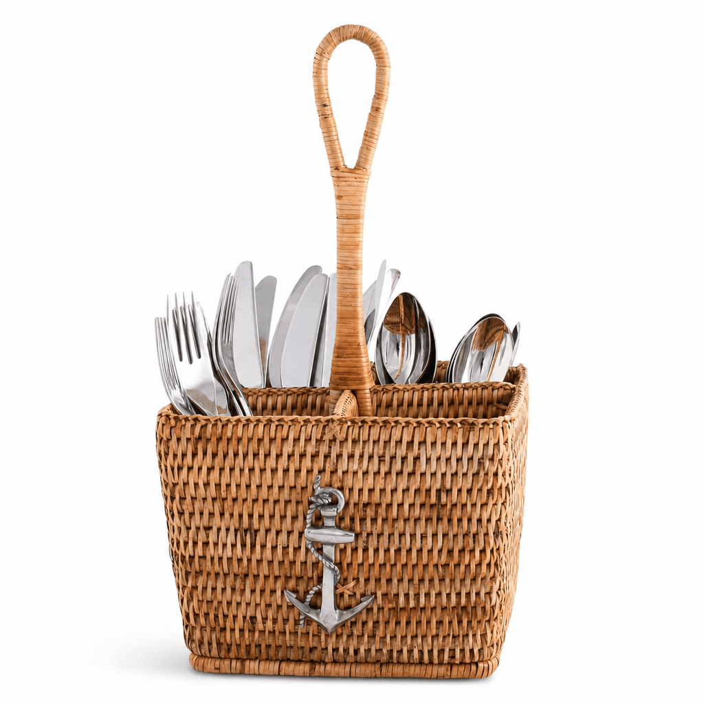 Anchor Hand Woven Wicker Rattan Flatware Caddy 1