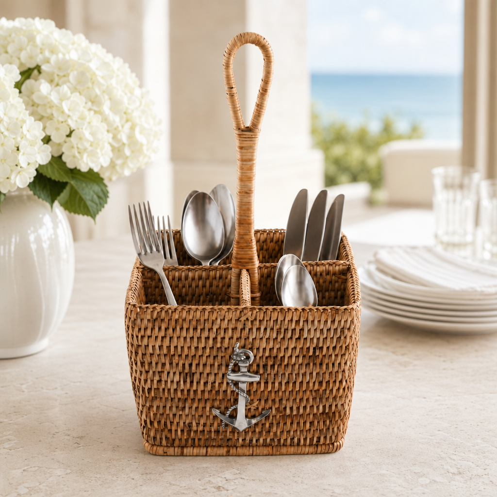 Anchor Hand Woven Wicker Rattan Flatware Caddy 3