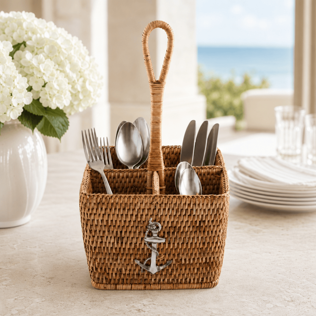 Anchor Hand Woven Wicker Rattan Flatware Caddy 3