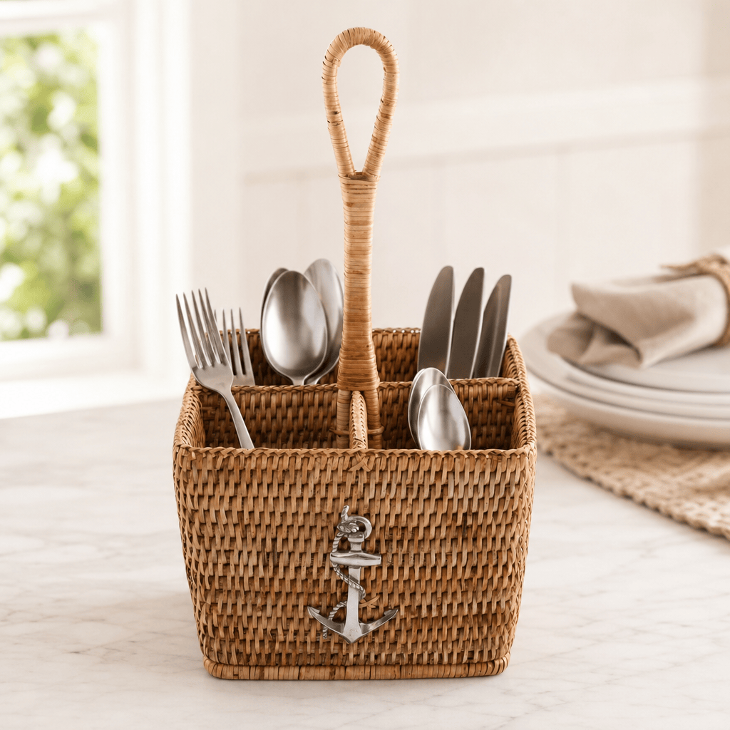 Anchor Hand Woven Wicker Rattan Flatware Caddy 10