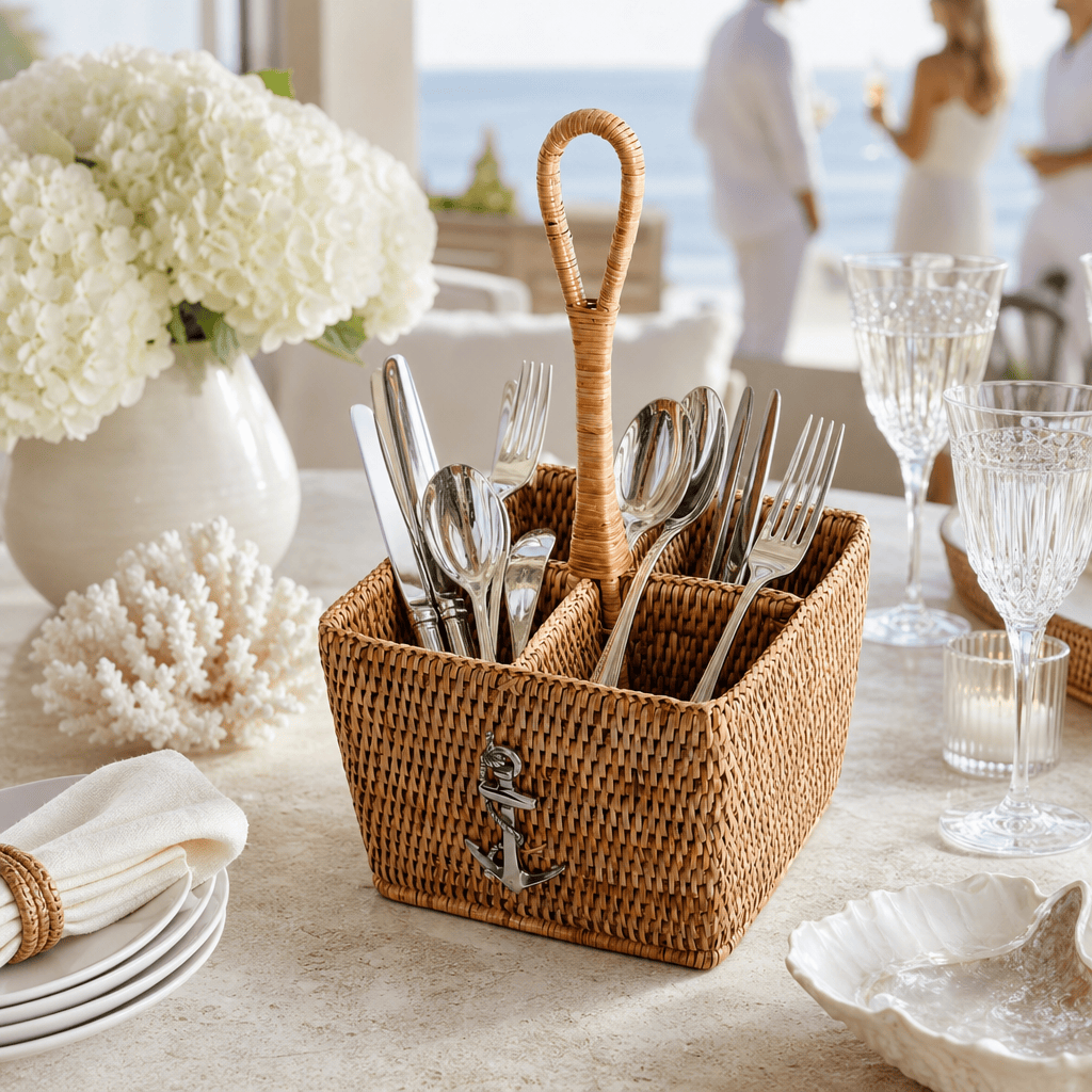 Anchor Hand Woven Wicker Rattan Flatware Caddy 8