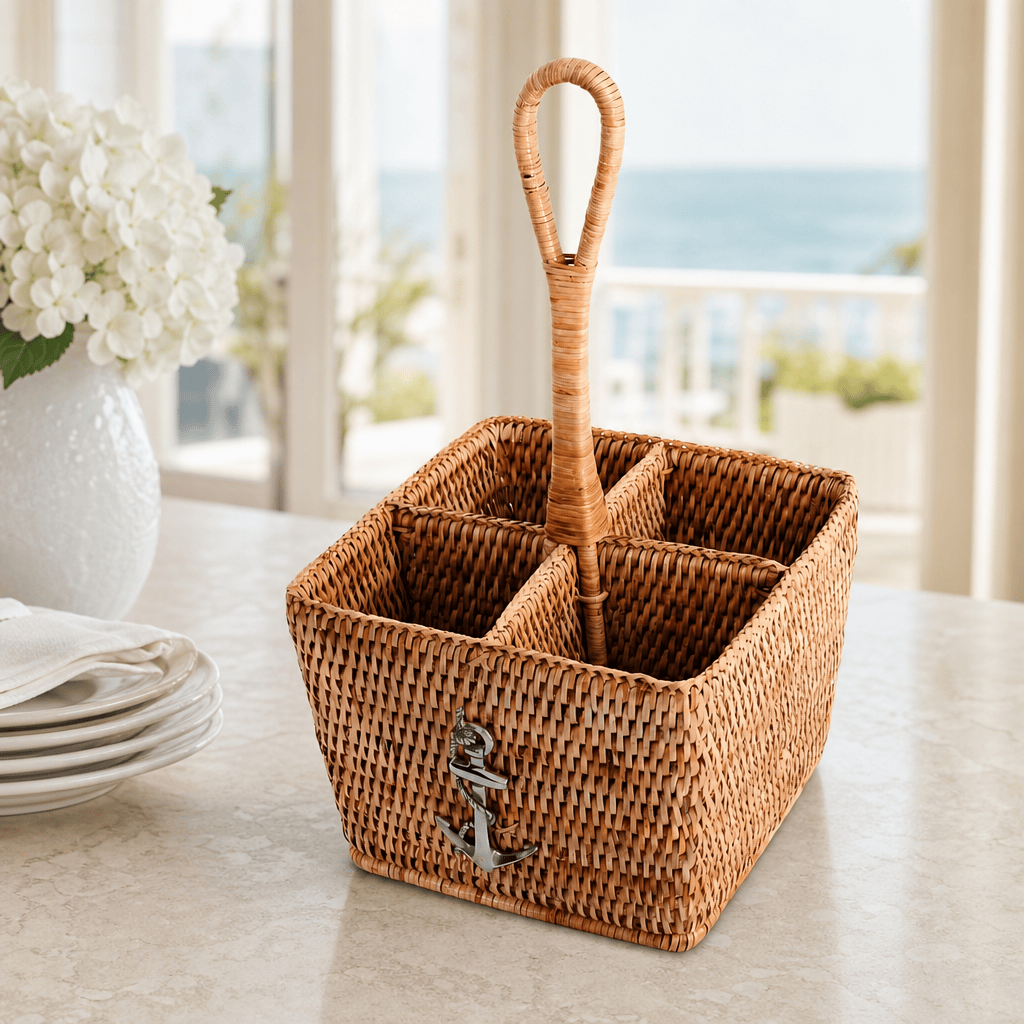 Anchor Hand Woven Wicker Rattan Flatware Caddy 4