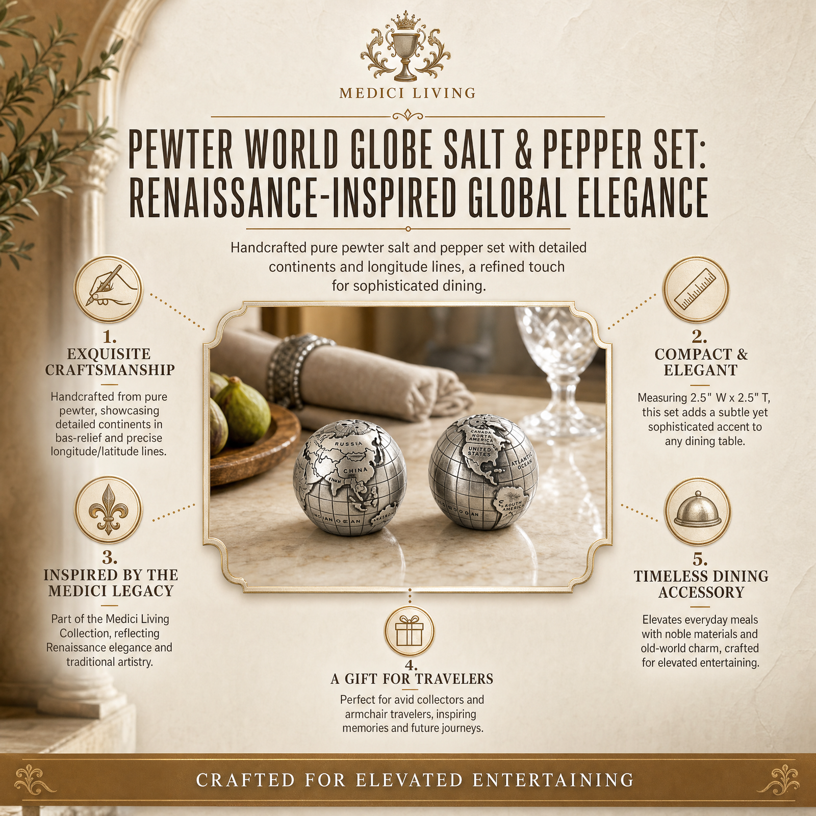 Pewter World Globe Salt & Pepper Set 6