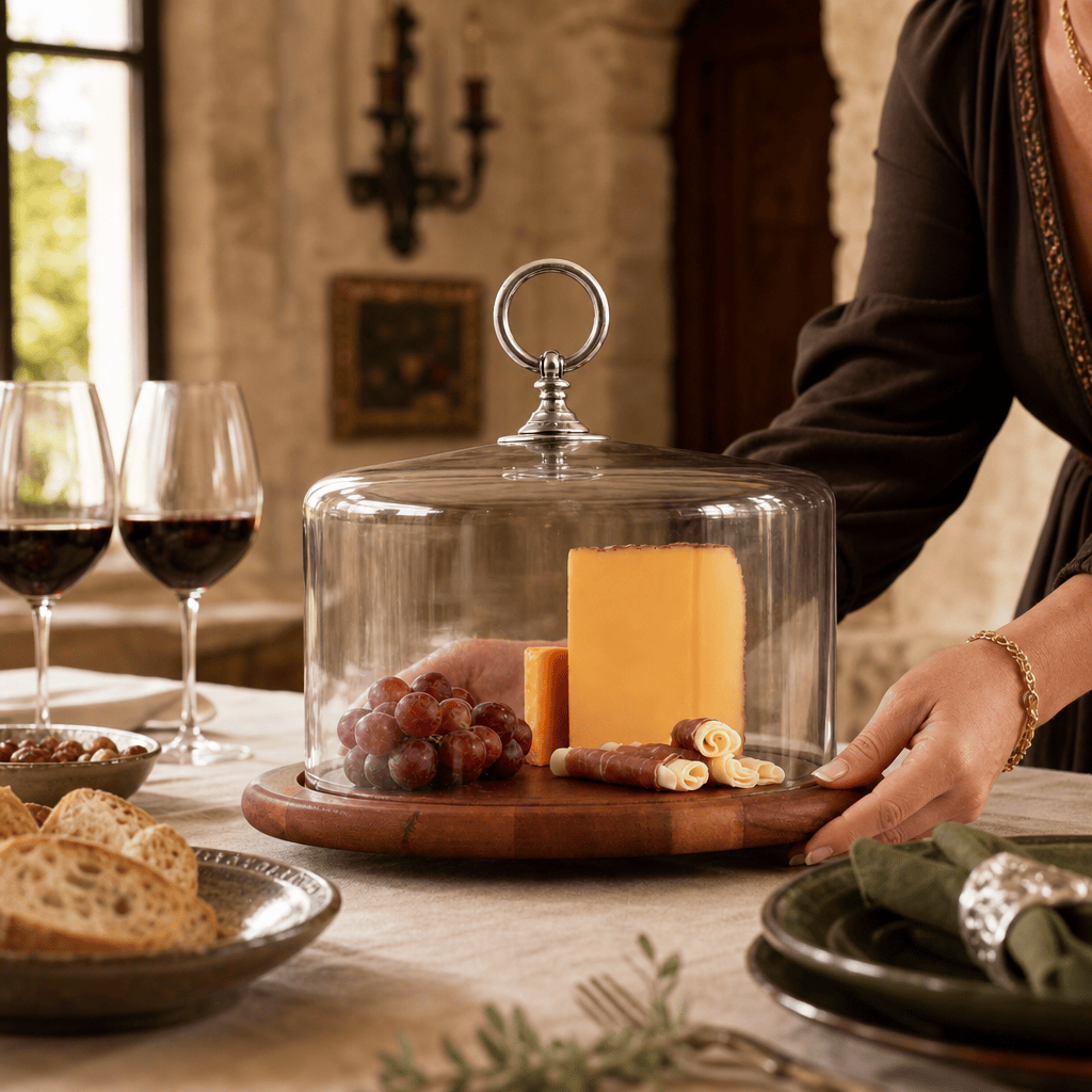 Classic Pewter Ring Glass Covered Cheese Wood Board 3