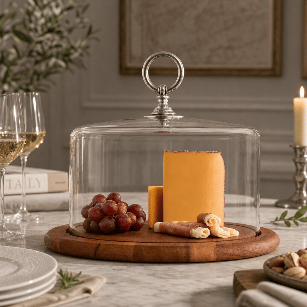 Classic Pewter Ring Glass Covered Cheese Wood Board 2