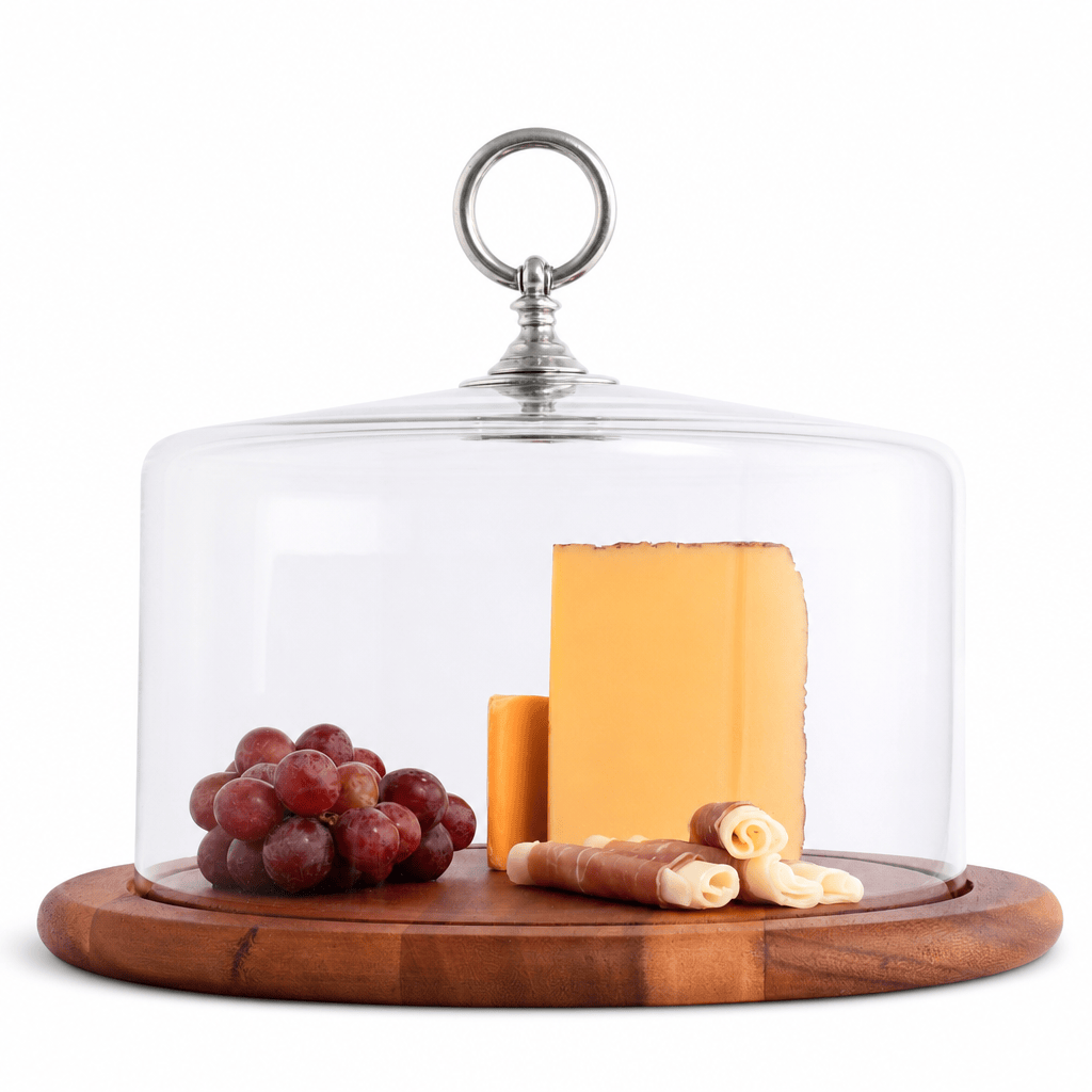Classic Pewter Ring Glass Covered Cheese Wood Board 1