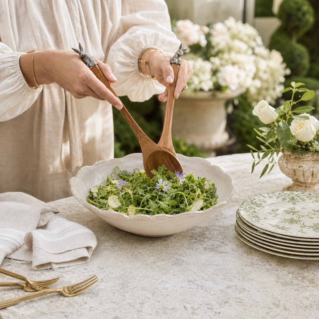 Teak Salad Servings with Pewter Bunny End 4
