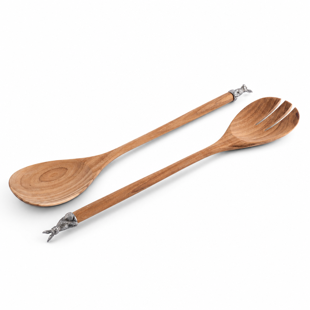 Teak Salad Servings with Pewter Bunny End 1