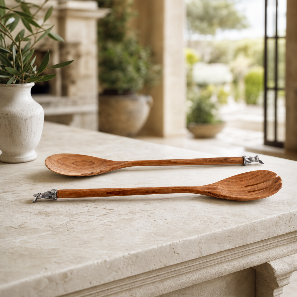 Teak Salad Servings with Pewter Bunny End 3