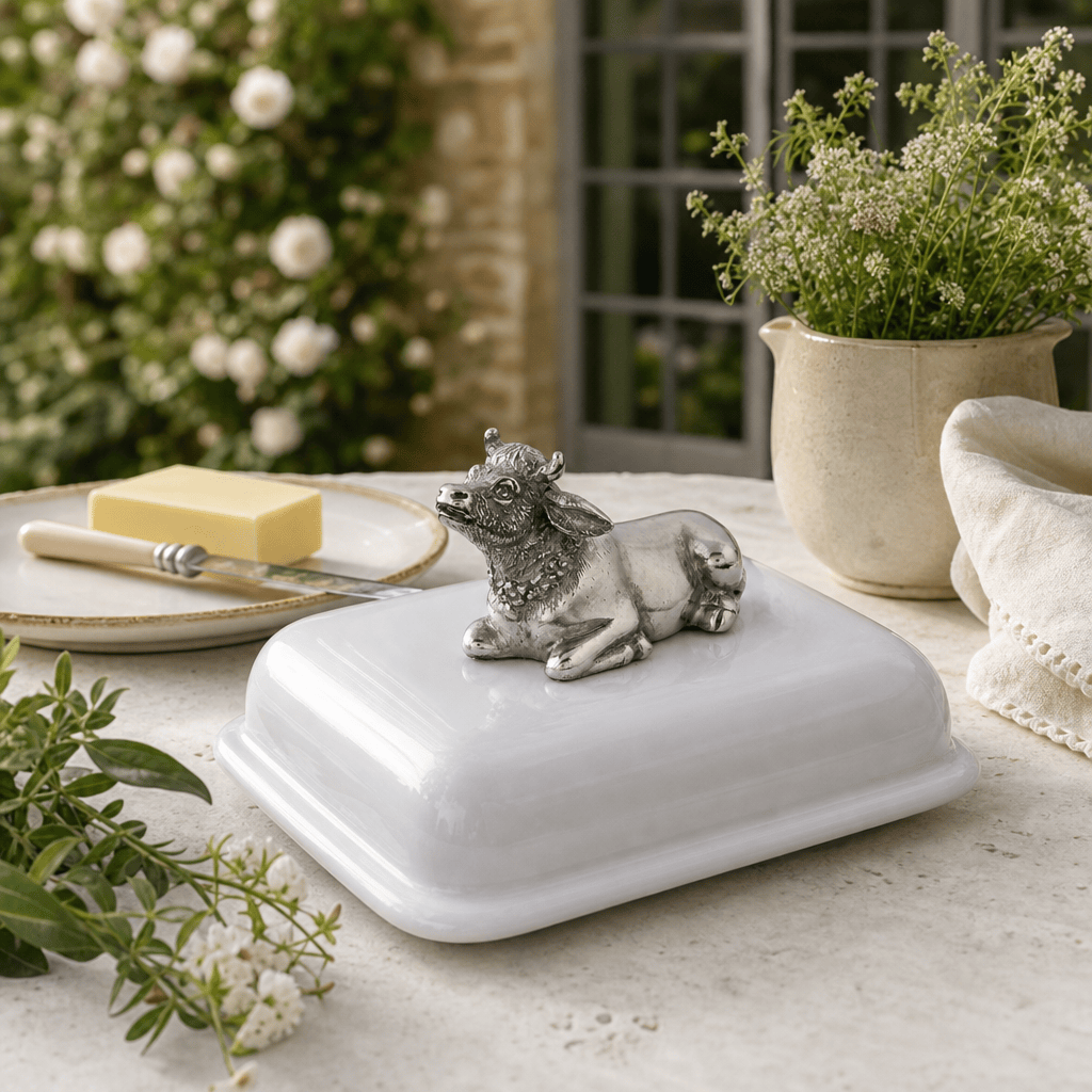 Stoneware Butter Dish with Pewter Mabel the Cow 5