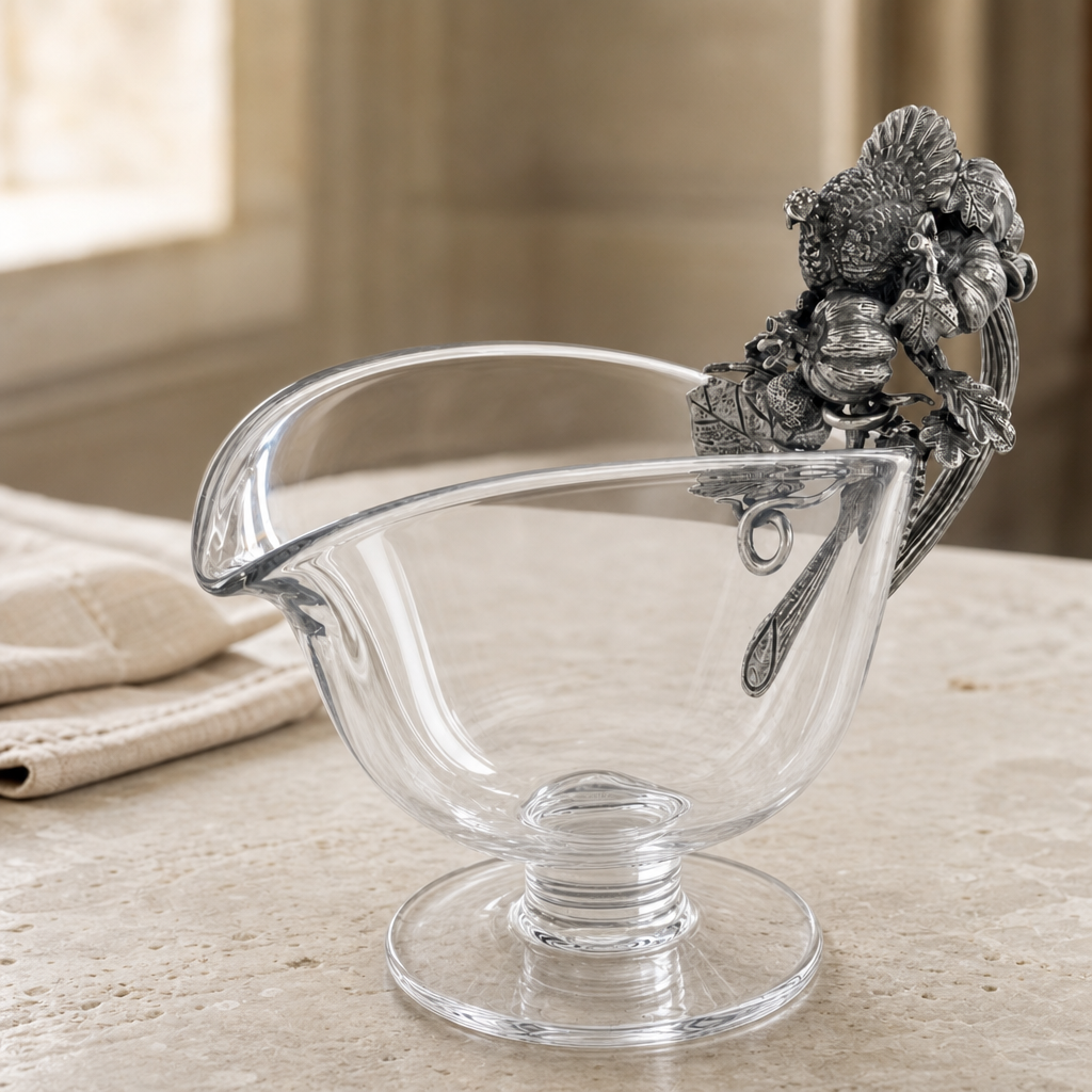 Hand Blown Glass Gravy Boat Pewter Harvest Turkey 3