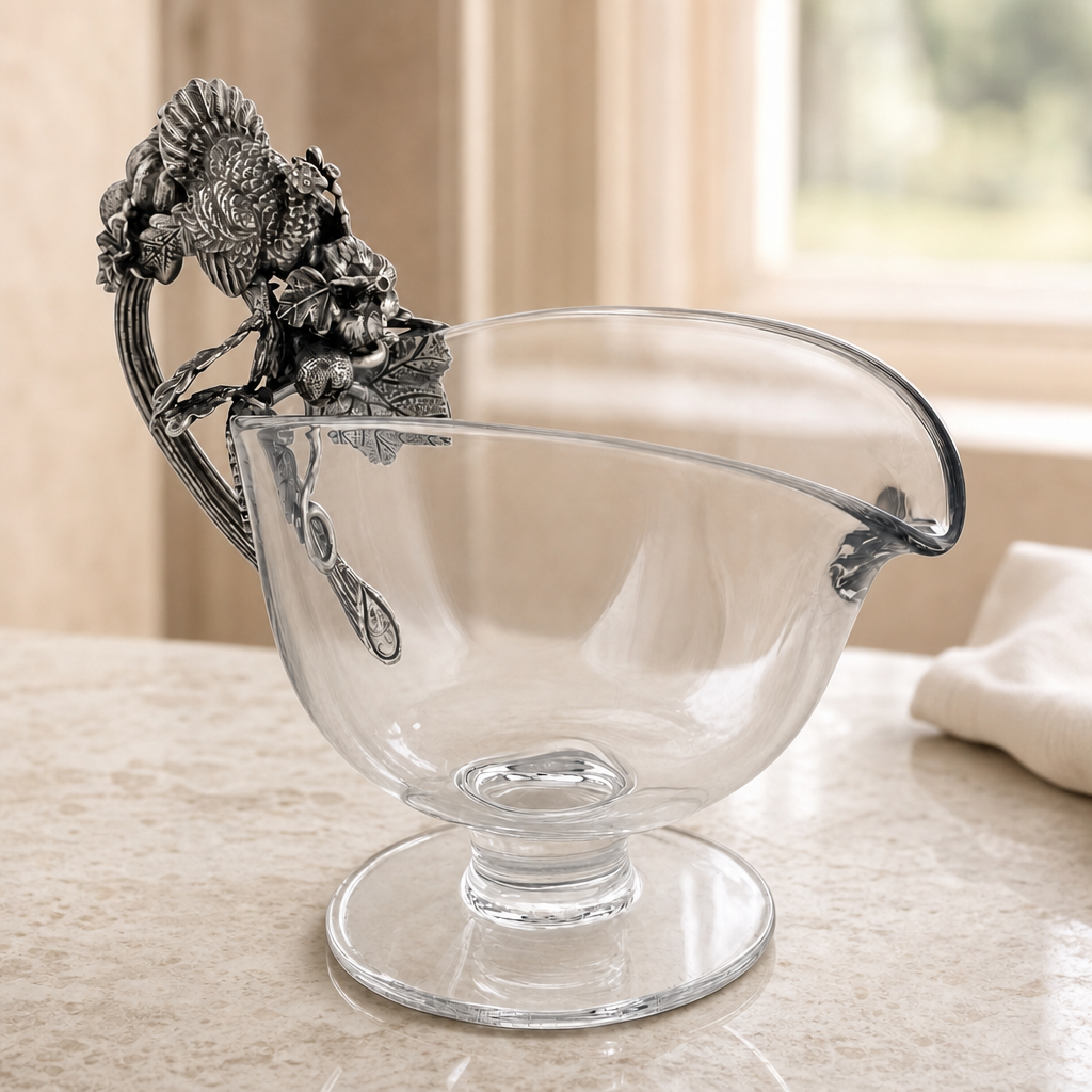 Hand Blown Glass Gravy Boat Pewter Harvest Turkey 4