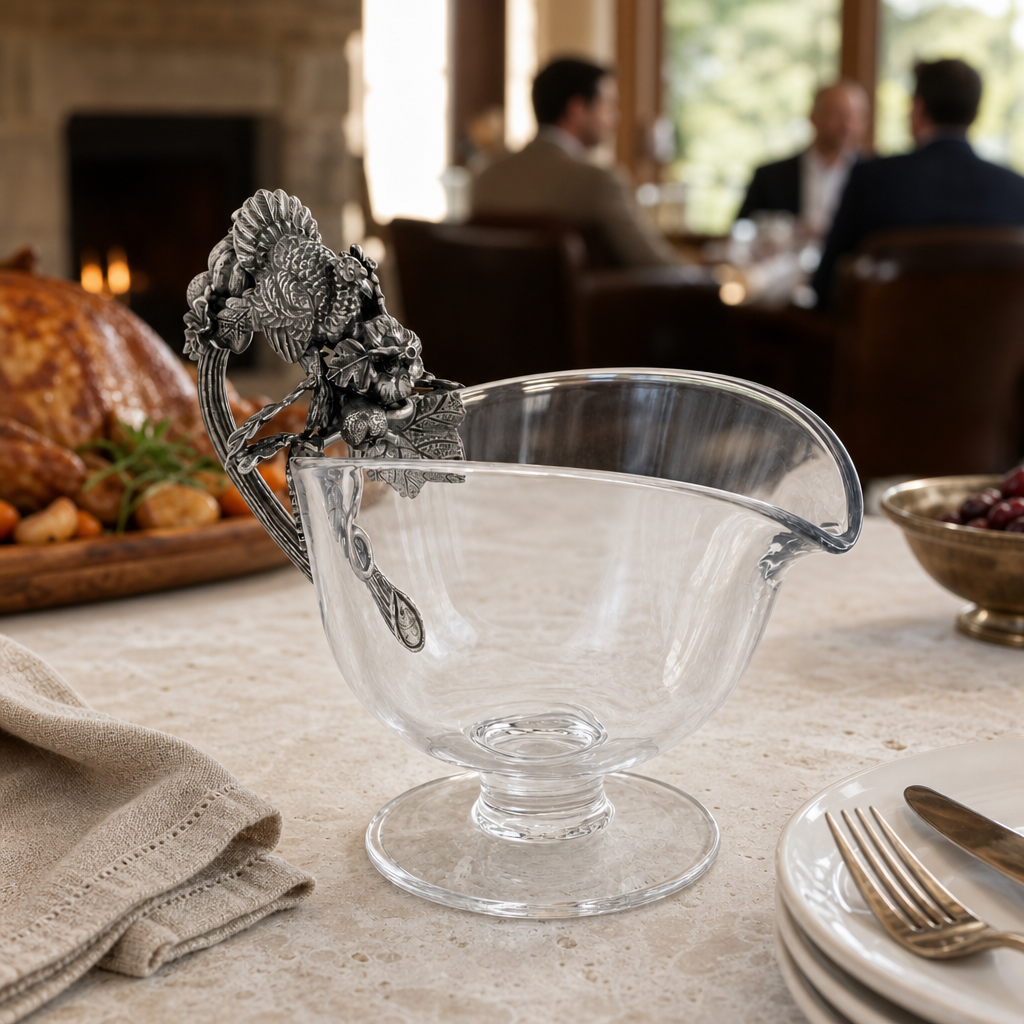 Hand Blown Glass Gravy Boat Pewter Harvest Turkey 8