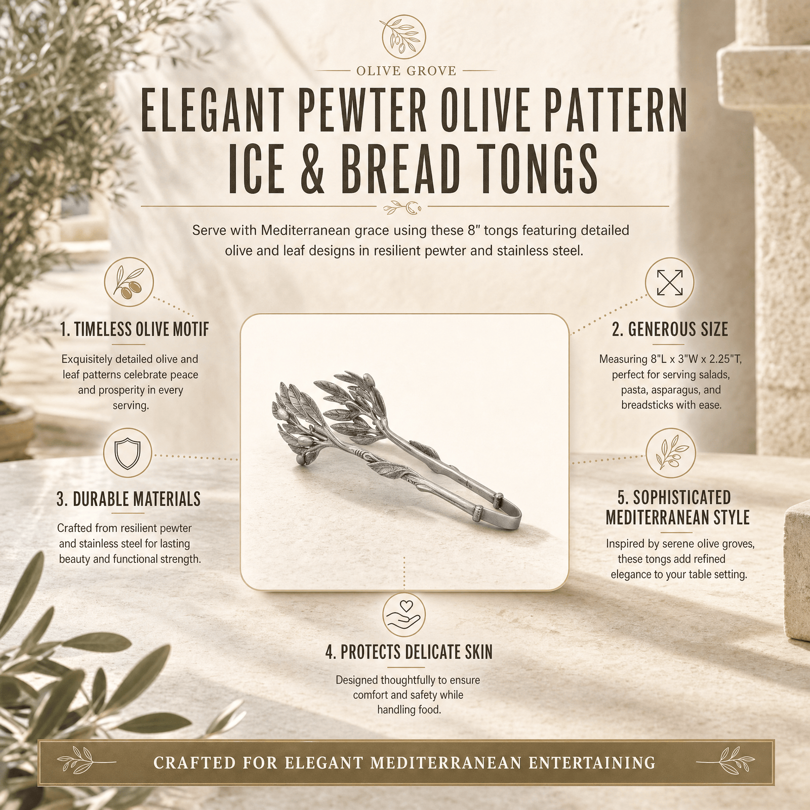 Pewter Olive Pattern Ice / Bread Tongs 11