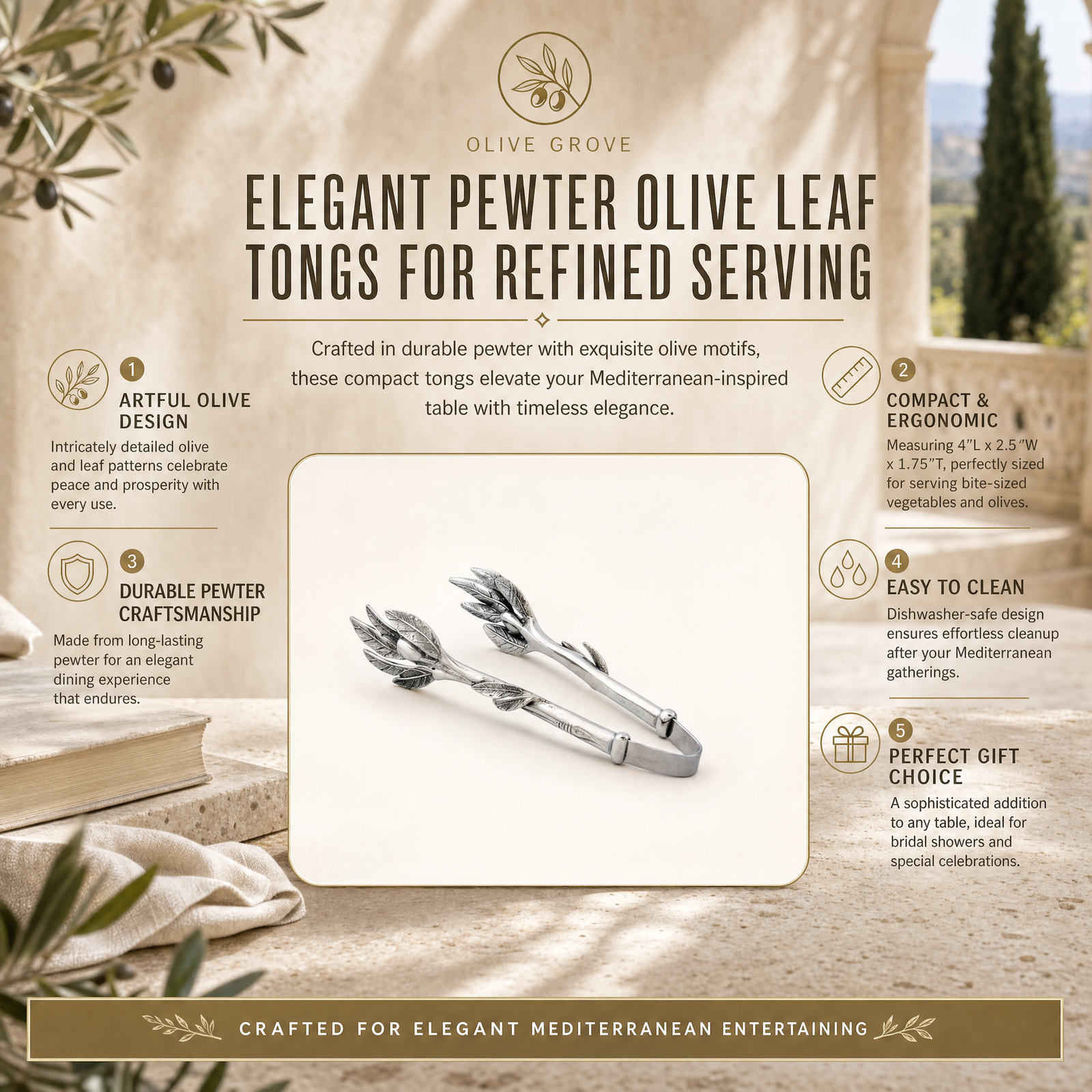 Pewter Olive Pattern Nuts and Olives Tongs 11