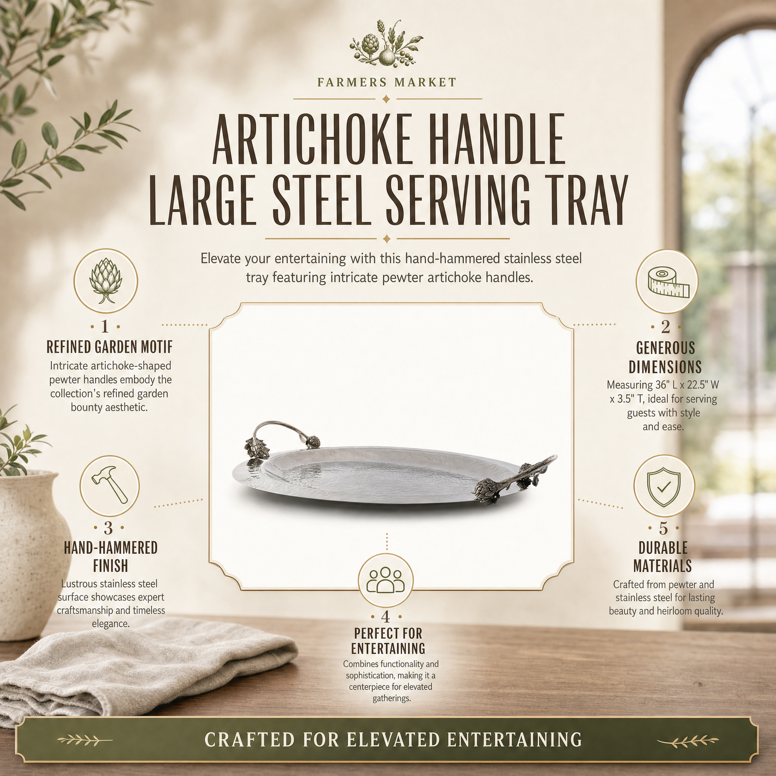 Artichoke Handle Large Steel Serving Tray 9